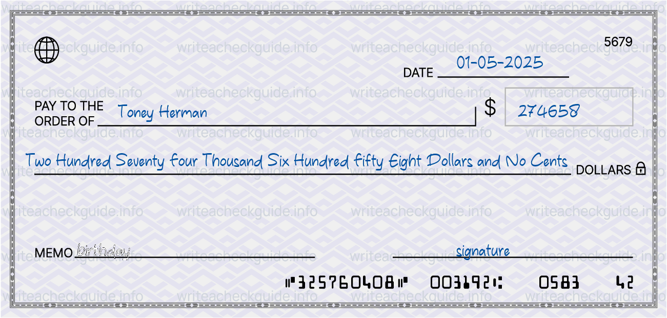 Filled check for 274658 dollars payable to Toney Herman on 01-05-2025