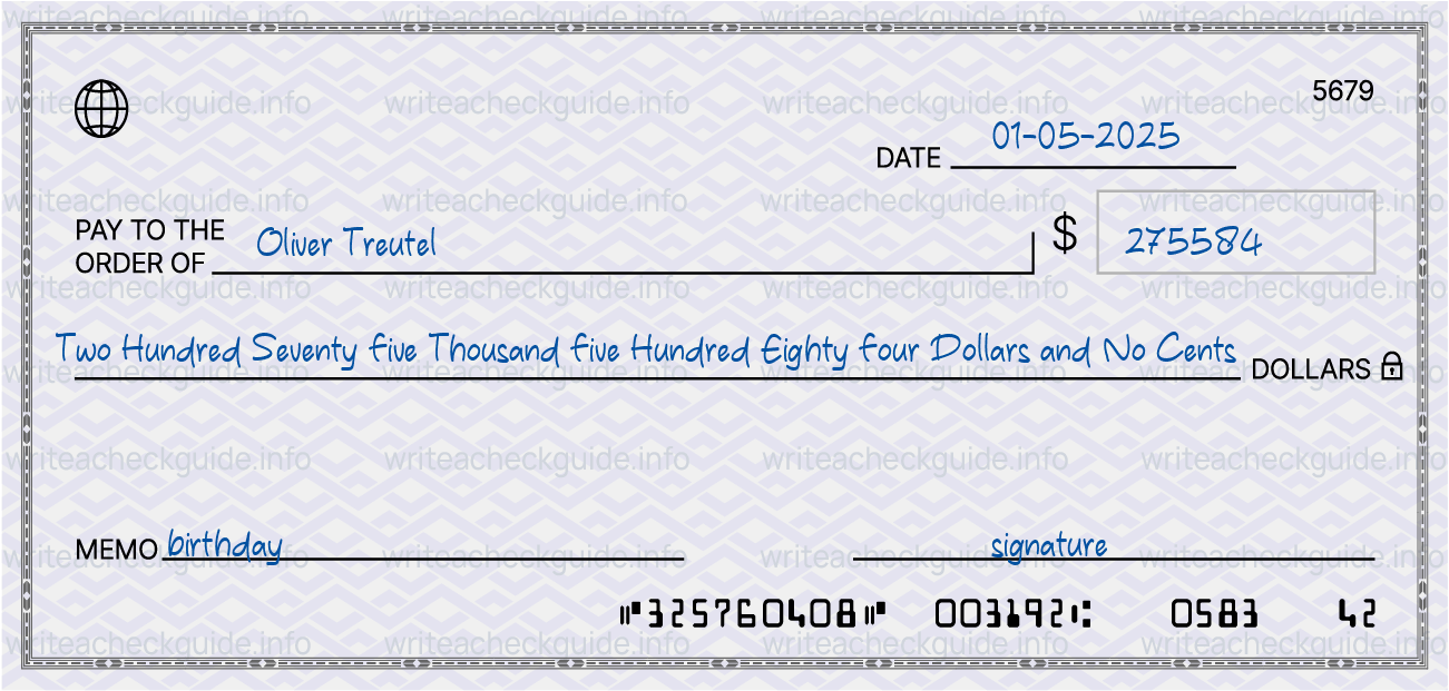 Filled check for 275584 dollars payable to Oliver Treutel on 01-05-2025