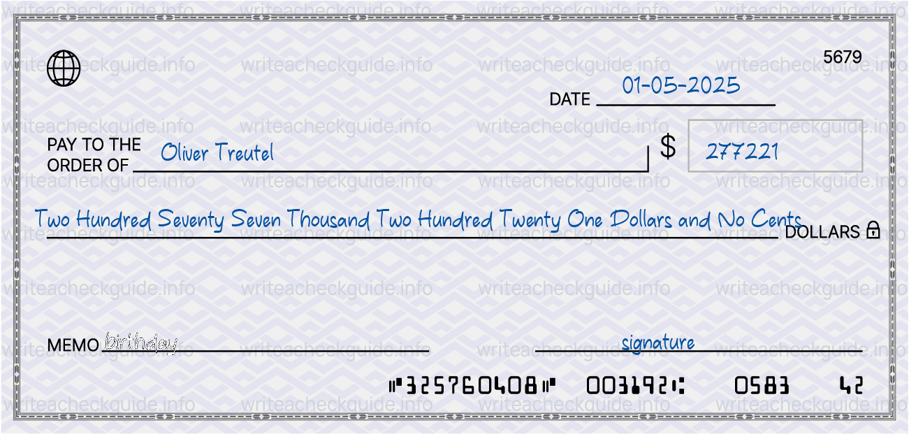 Filled check for 277221 dollars payable to Oliver Treutel on 01-05-2025