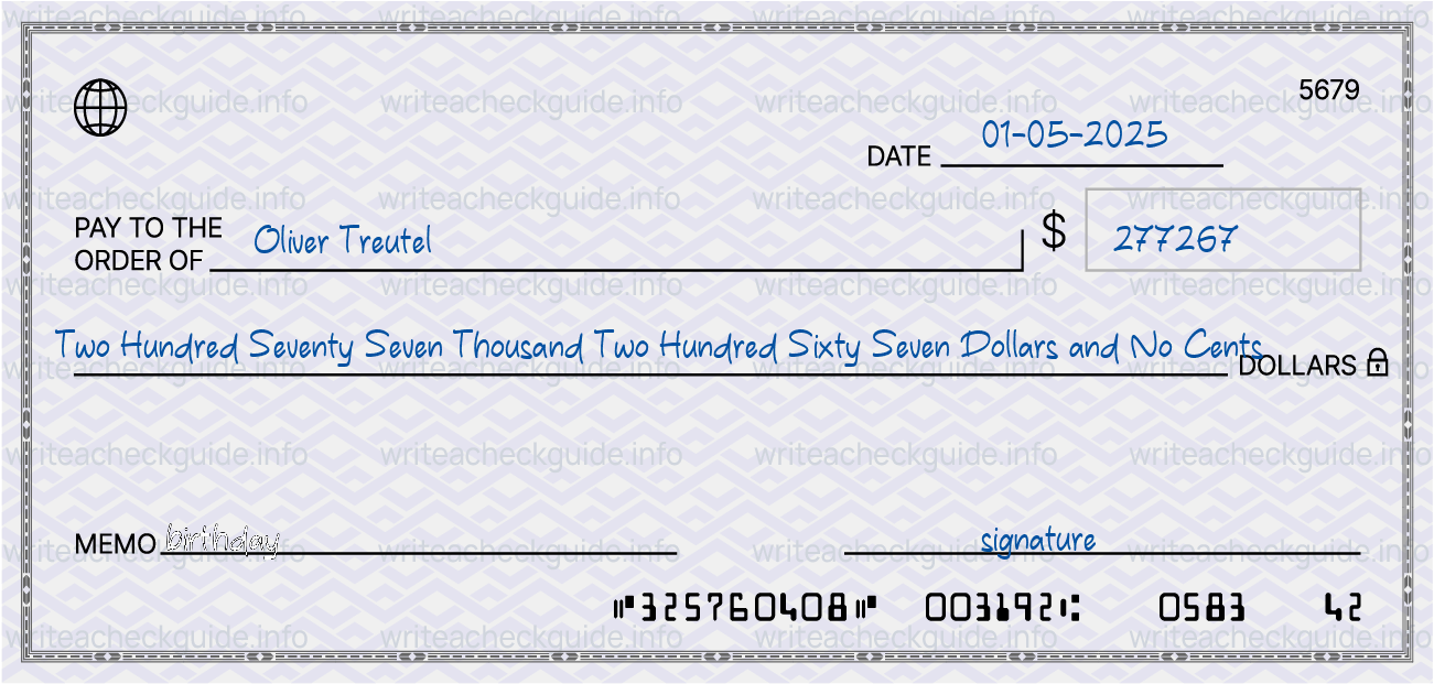 Filled check for 277267 dollars payable to Oliver Treutel on 01-05-2025