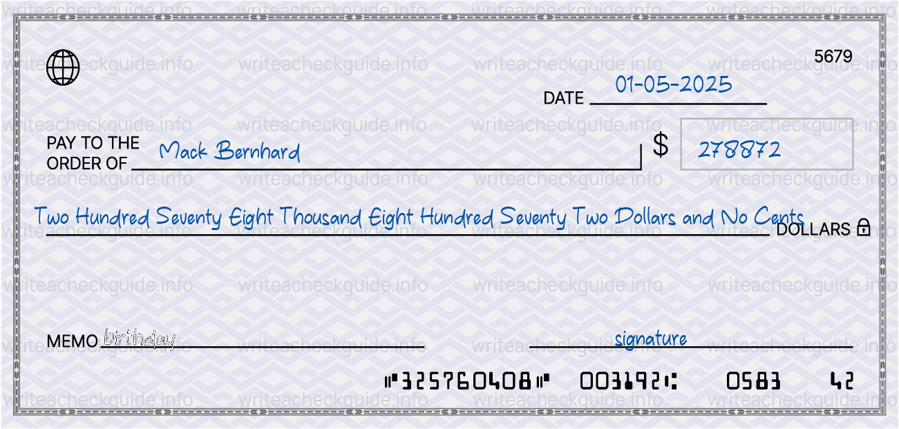 Filled check for 278872 dollars payable to Mack Bernhard on 01-05-2025