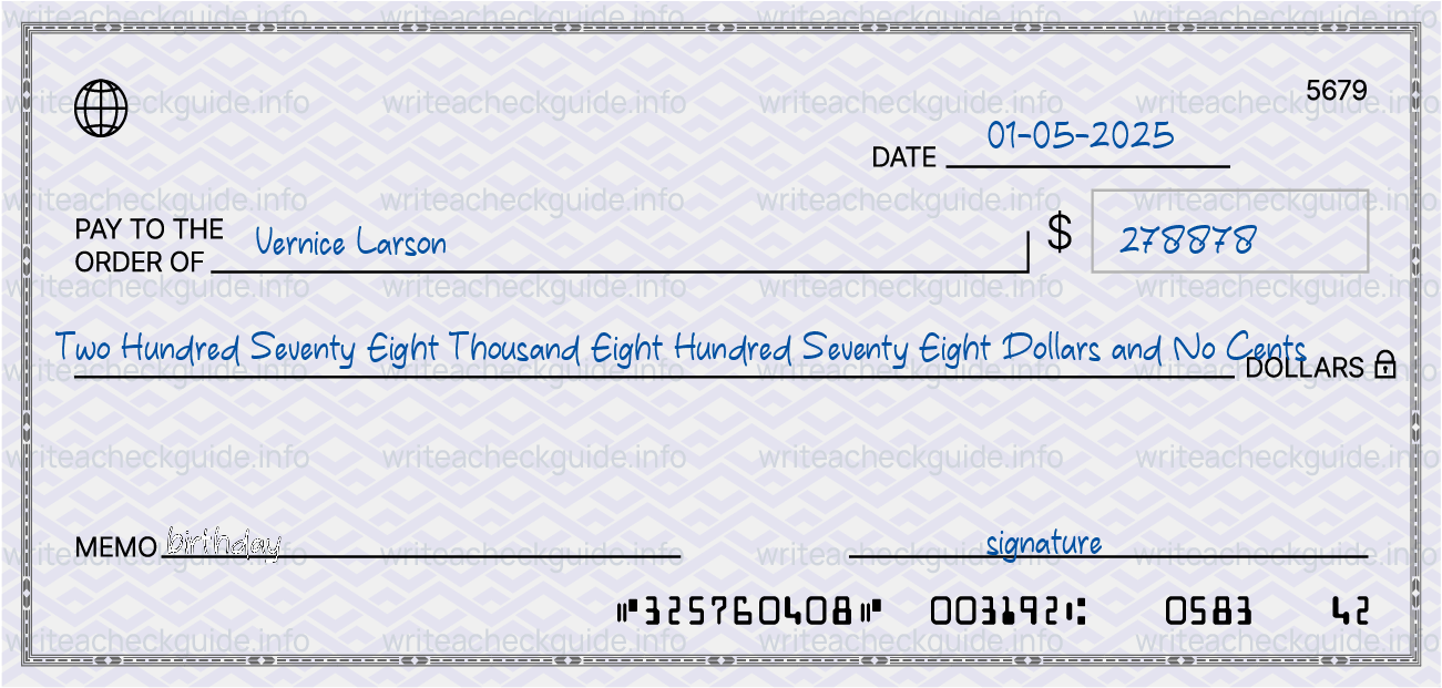 Filled check for 278878 dollars payable to Vernice Larson on 01-05-2025