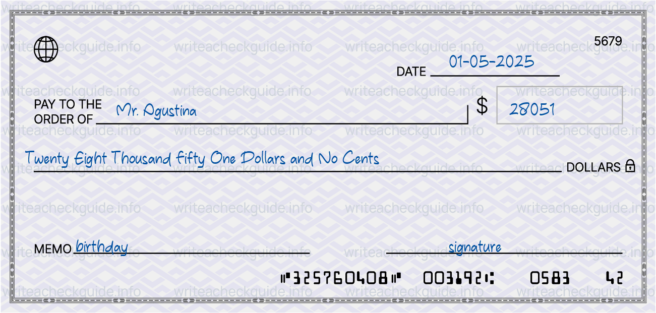 Filled check for 28051 dollars payable to Mr. Agustina on 01-05-2025