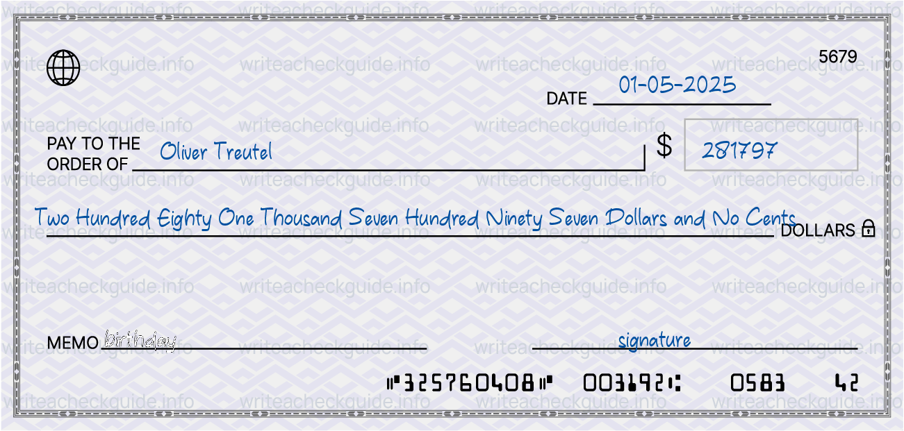 Filled check for 281797 dollars payable to Oliver Treutel on 01-05-2025