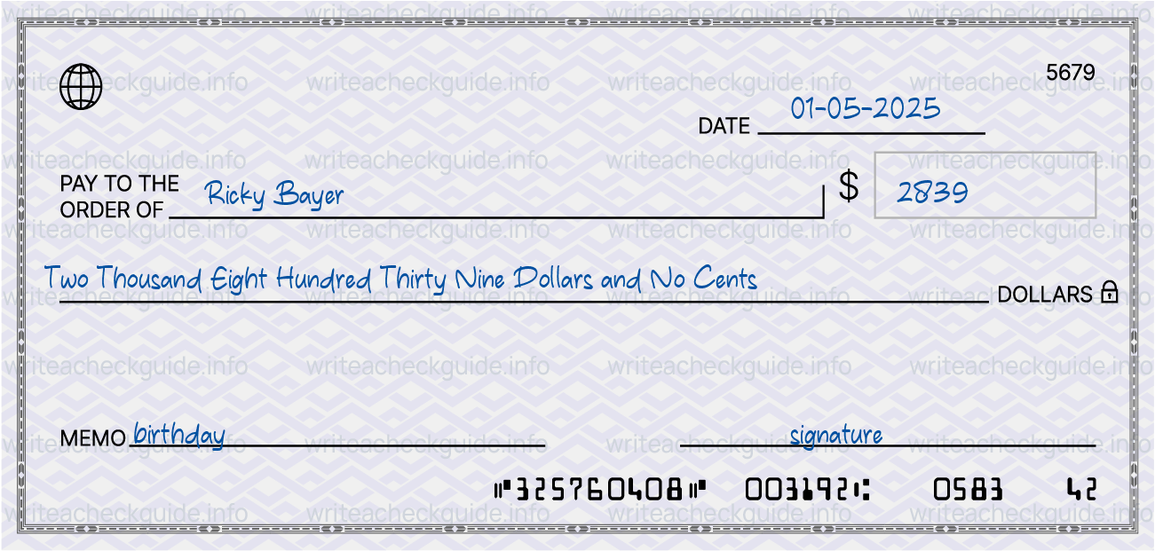 Filled check for 2839 dollars payable to Ricky Bayer on 01-05-2025