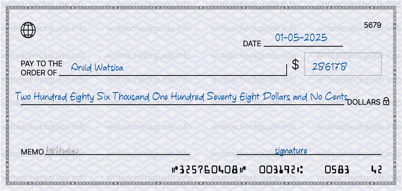 Filled check for 286178 dollars payable to Arvid Watsica on 01-05-2025