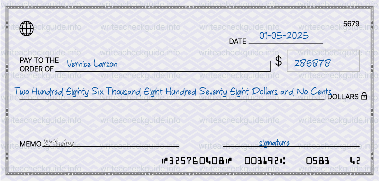 Filled check for 286878 dollars payable to Vernice Larson on 01-05-2025