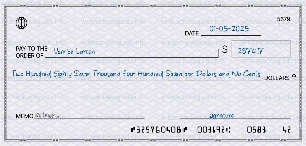 Filled check for 287417 dollars payable to Vernice Larson on 01-05-2025