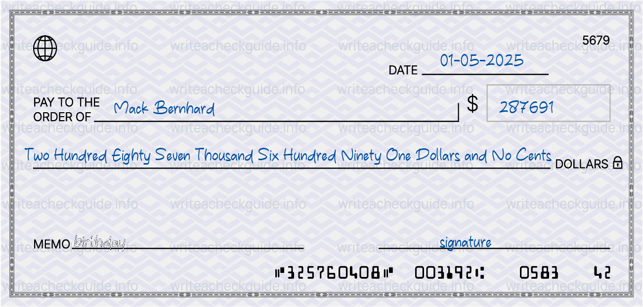 Filled check for 287691 dollars payable to Mack Bernhard on 01-05-2025