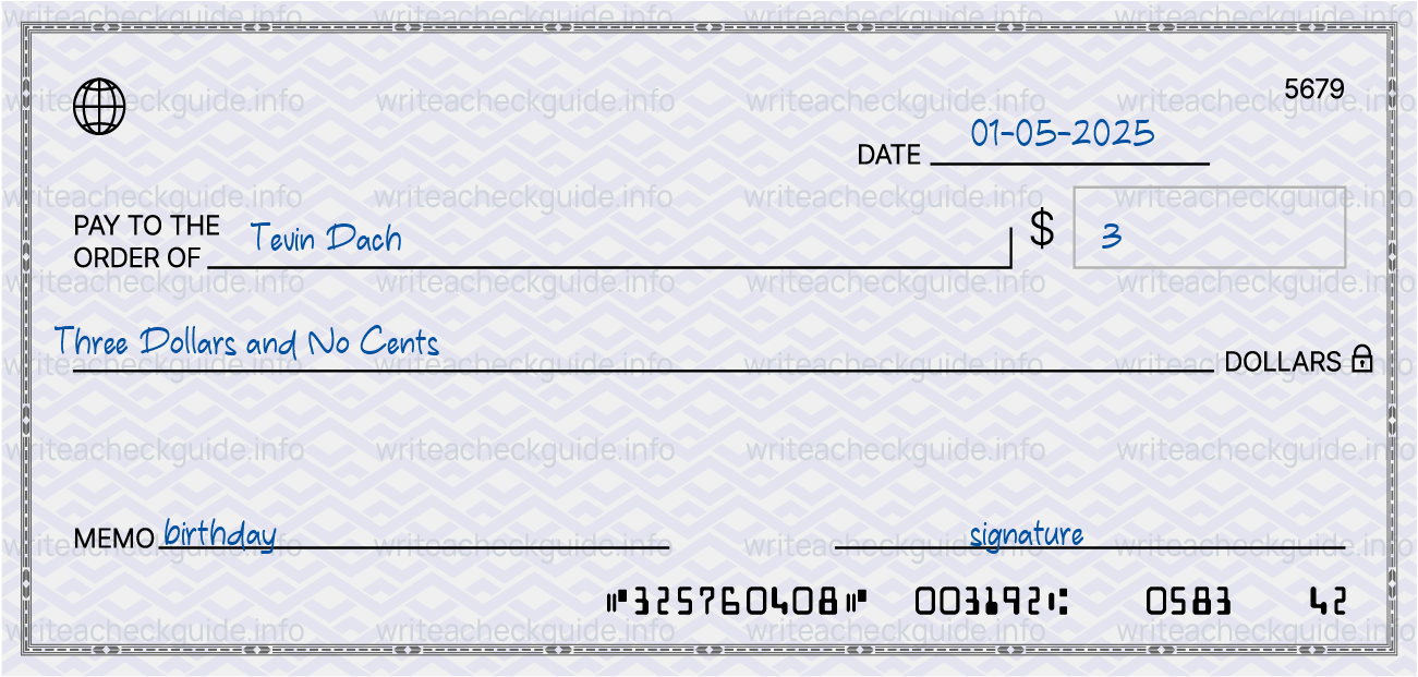 Filled check for 3 dollars payable to Tevin Dach on 01-05-2025