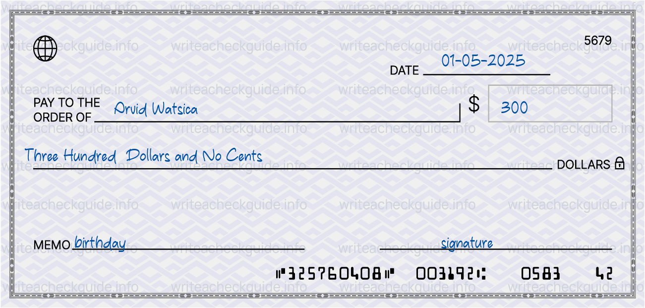 Filled check for 300 dollars payable to Arvid Watsica on 01-05-2025