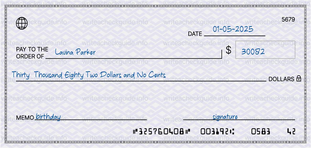 Filled check for 30082 dollars payable to Lavina Parker on 01-05-2025