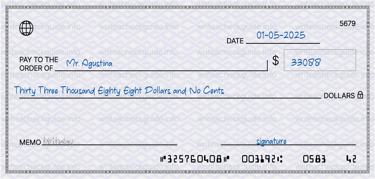 Filled check for 33088 dollars payable to Mr. Agustina on 01-05-2025