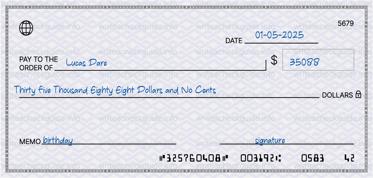 Filled check for 35088 dollars payable to Lucas Dare on 01-05-2025