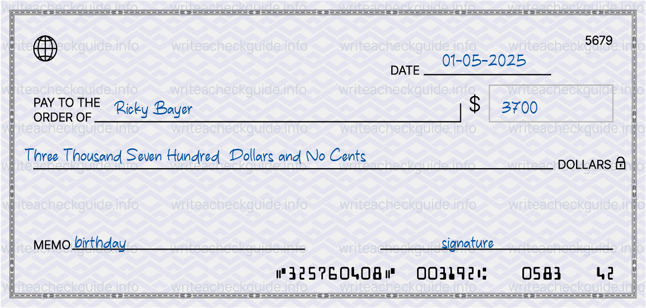 Filled check for 3700 dollars payable to Ricky Bayer on 01-05-2025