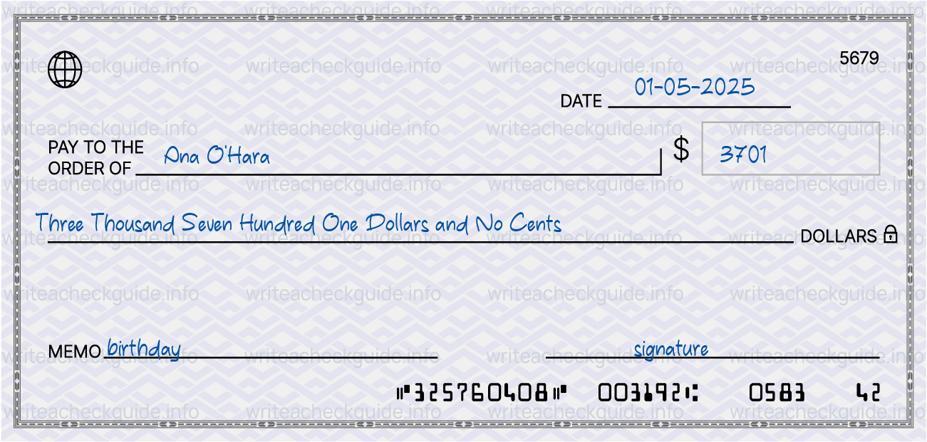 Filled check for 3701 dollars payable to Ana O'Hara on 01-05-2025