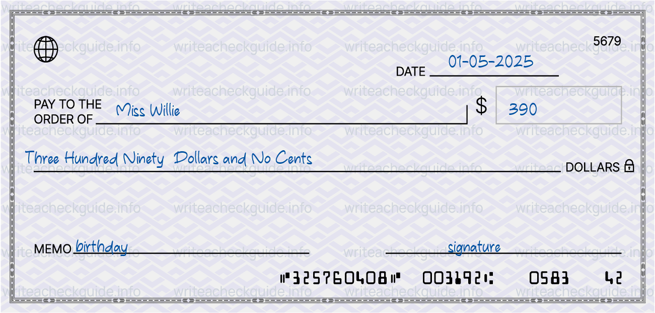 Filled check for 390 dollars payable to Miss Willie on 01-05-2025