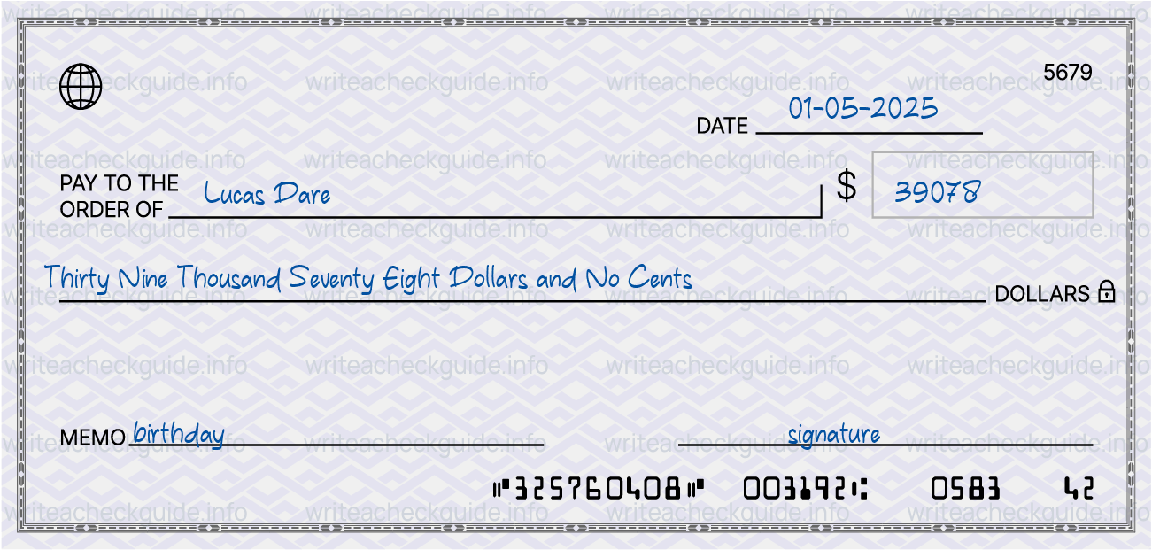 Filled check for 39078 dollars payable to Lucas Dare on 01-05-2025