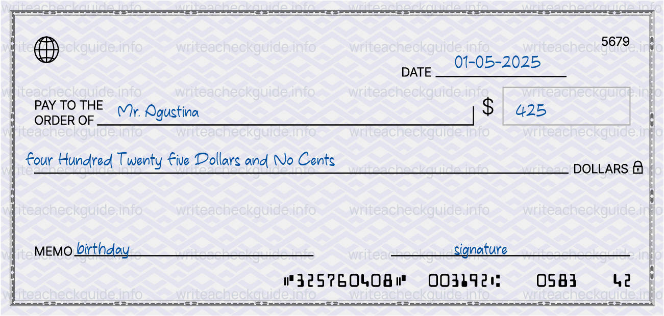 Filled check for 425 dollars payable to Mr. Agustina on 01-05-2025