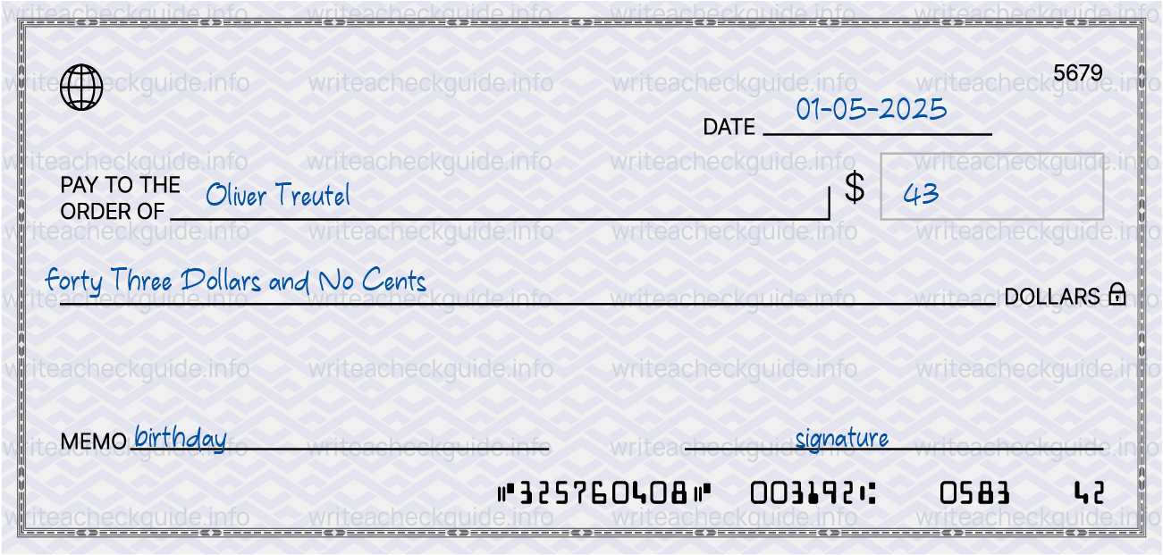 Filled check for 43 dollars payable to Oliver Treutel on 01-05-2025