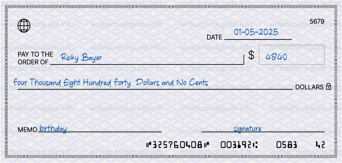 Filled check for 4840 dollars payable to Ricky Bayer on 01-05-2025