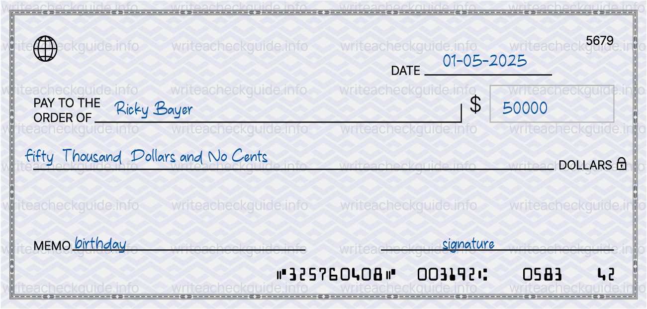 Filled check for 50000 dollars payable to Ricky Bayer on 01-05-2025