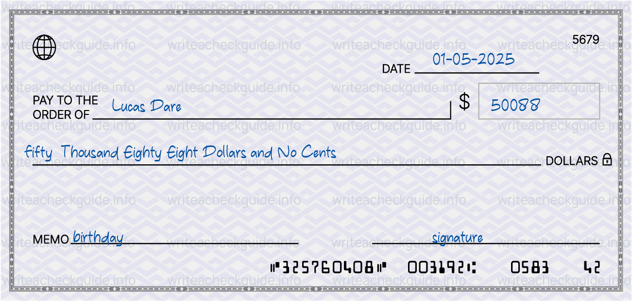 Filled check for 50088 dollars payable to Lucas Dare on 01-05-2025