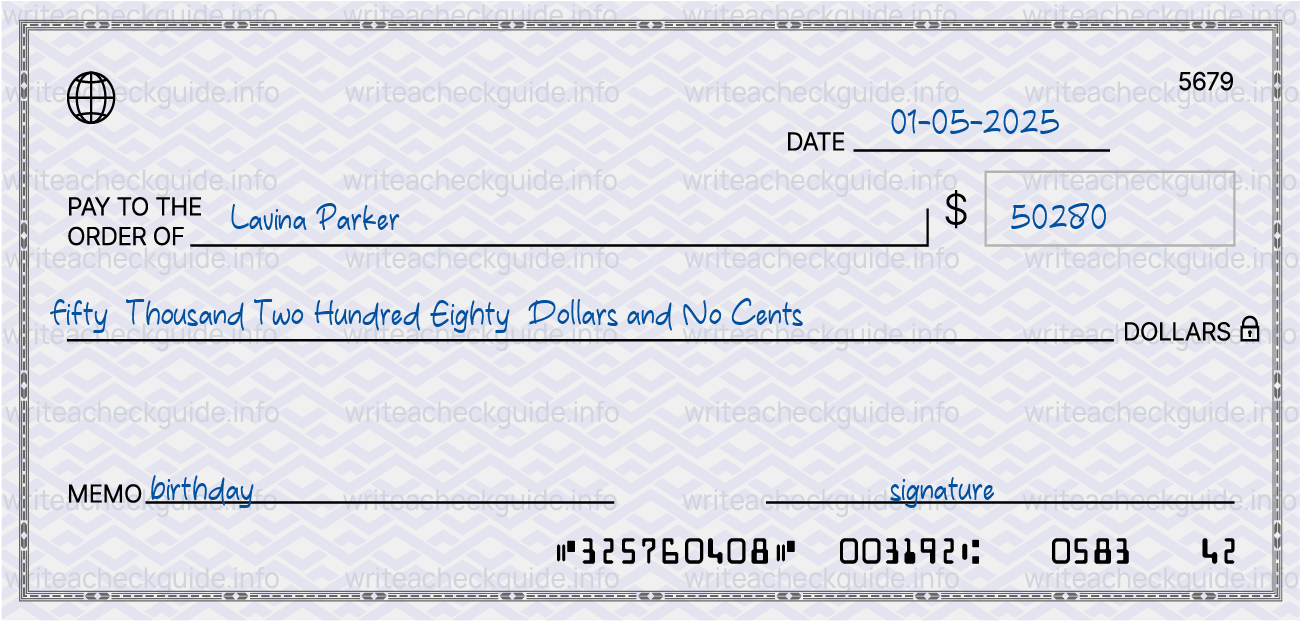 Filled check for 50280 dollars payable to Lavina Parker on 01-05-2025