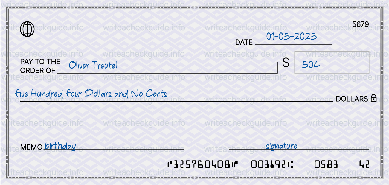 Filled check for 504 dollars payable to Oliver Treutel on 01-05-2025