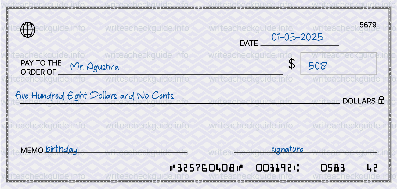 Filled check for 508 dollars payable to Mr. Agustina on 01-05-2025