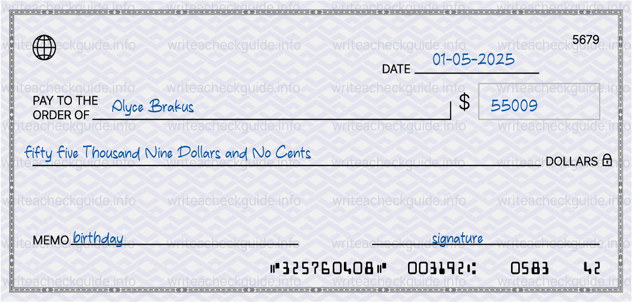 Filled check for 55009 dollars payable to Alyce Brakus on 01-05-2025