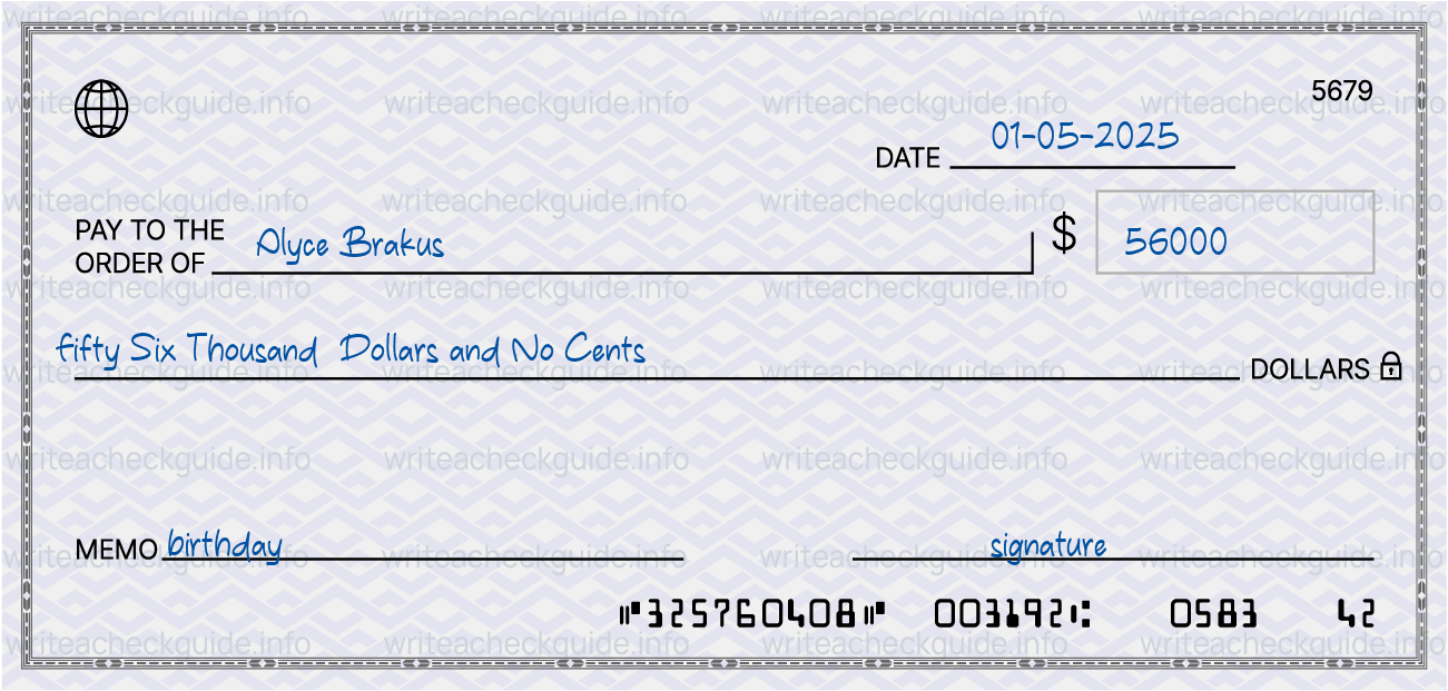 Filled check for 56000 dollars payable to Alyce Brakus on 01-05-2025