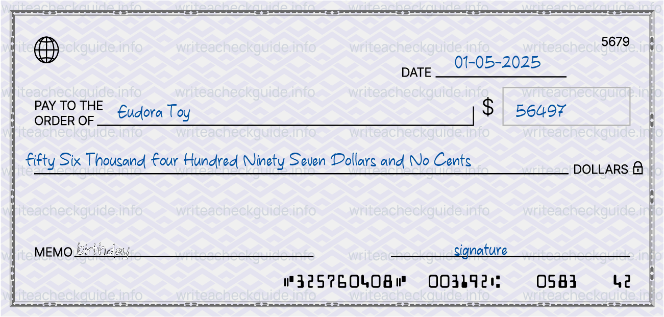 Filled check for 56497 dollars payable to Eudora Toy on 01-05-2025