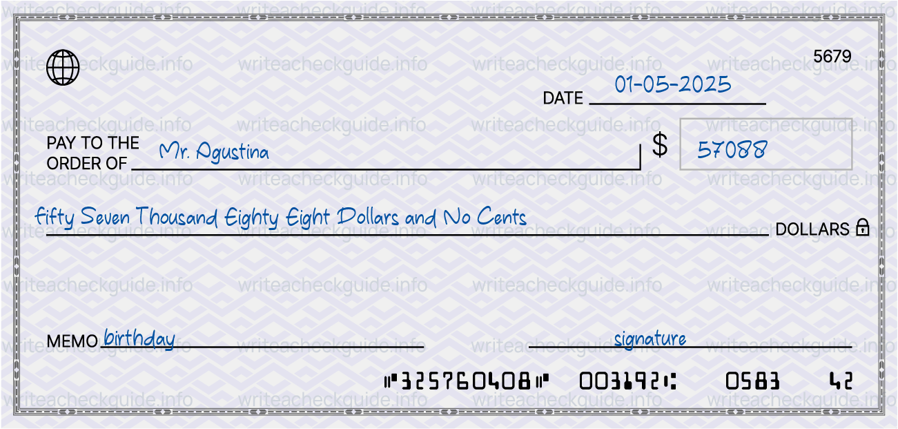 Filled check for 57088 dollars payable to Mr. Agustina on 01-05-2025