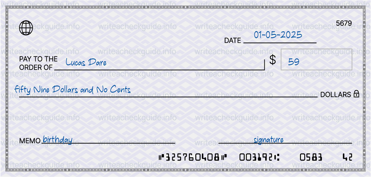 Filled check for 59 dollars payable to Lucas Dare on 01-05-2025