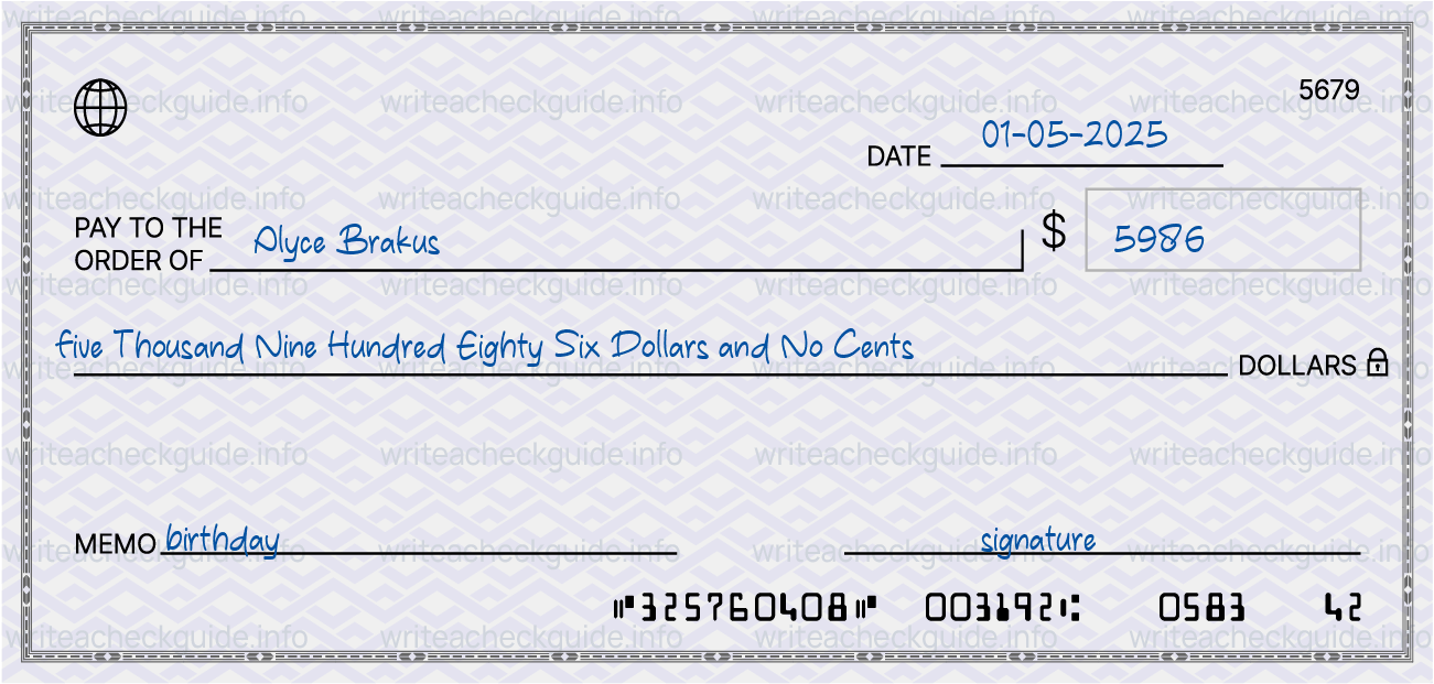 Filled check for 5986 dollars payable to Alyce Brakus on 01-05-2025