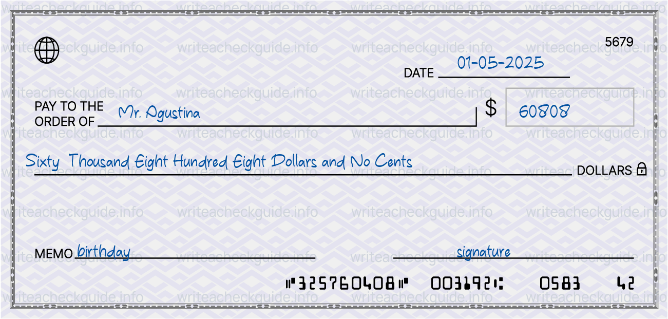 Filled check for 60808 dollars payable to Mr. Agustina on 01-05-2025