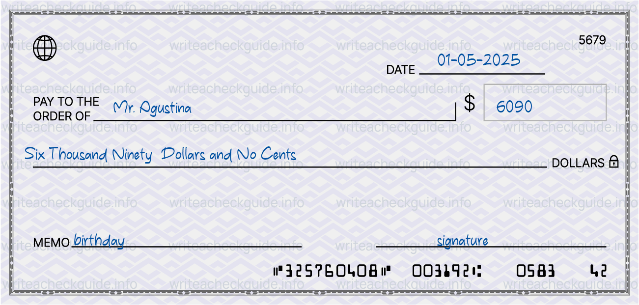 Filled check for 6090 dollars payable to Mr. Agustina on 01-05-2025