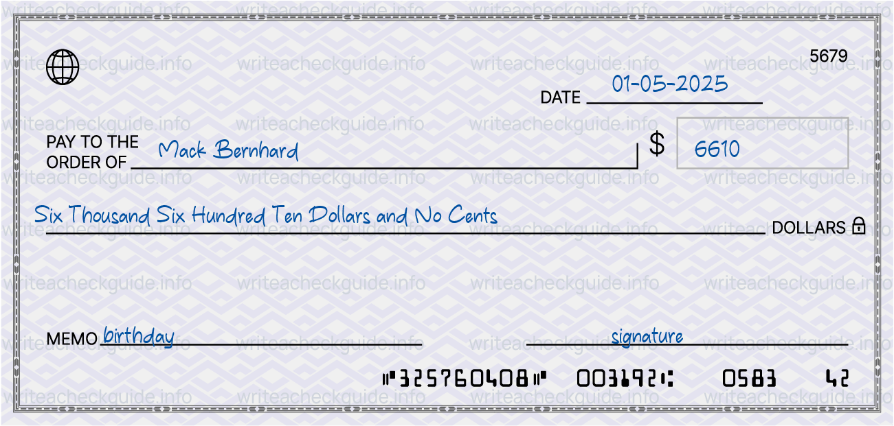 Filled check for 6610 dollars payable to Mack Bernhard on 01-05-2025