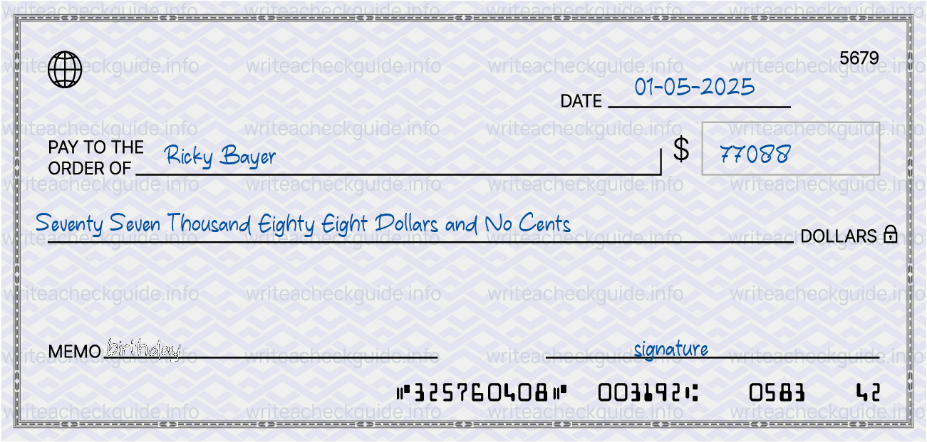 Filled check for 77088 dollars payable to Ricky Bayer on 01-05-2025