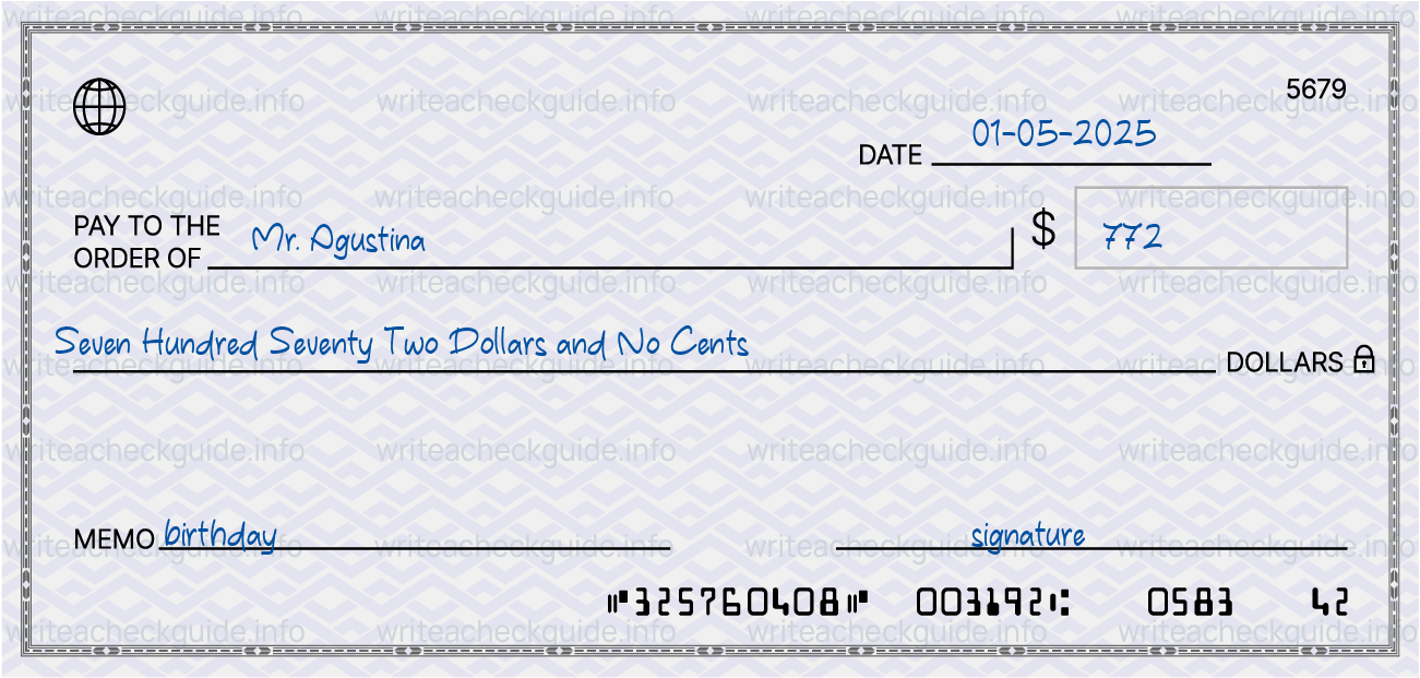 Filled check for 772 dollars payable to Mr. Agustina on 01-05-2025