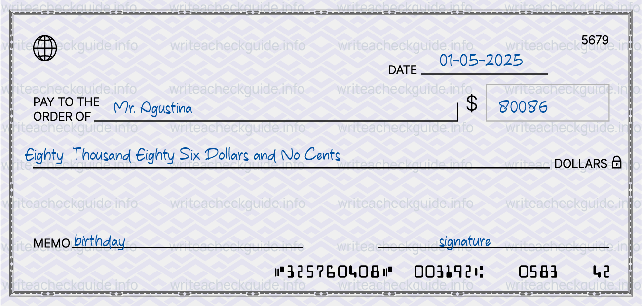 Filled check for 80086 dollars payable to Mr. Agustina on 01-05-2025