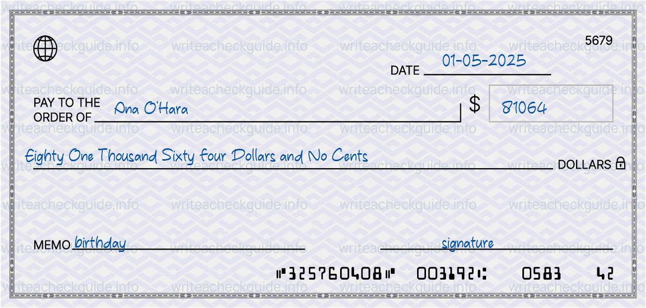 Filled check for 81064 dollars payable to Ana O'Hara on 01-05-2025