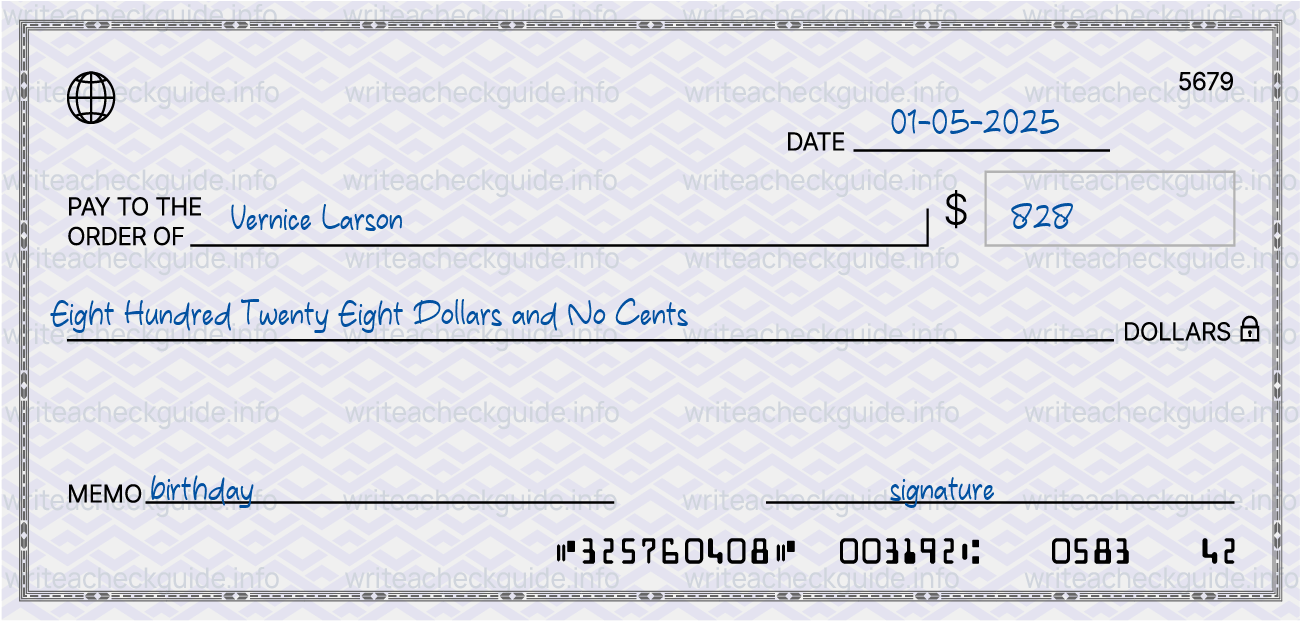 Filled check for 828 dollars payable to Vernice Larson on 01-05-2025