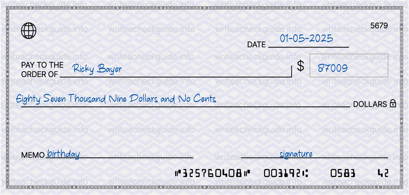 Filled check for 87009 dollars payable to Ricky Bayer on 01-05-2025