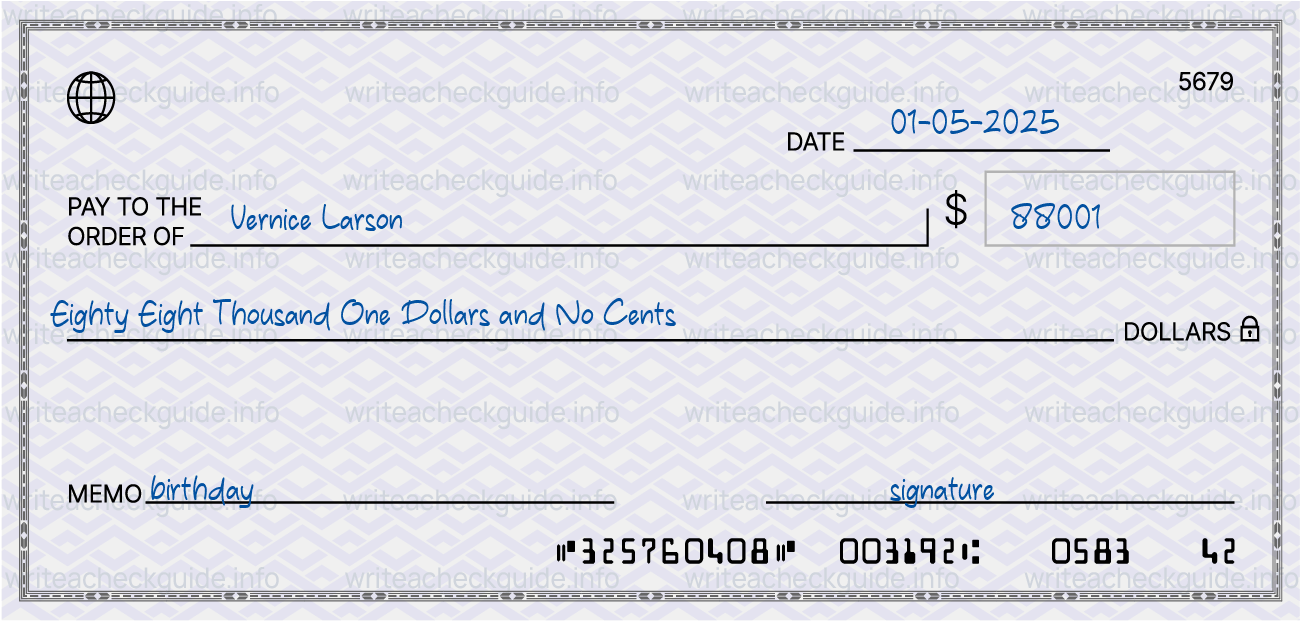 Filled check for 88001 dollars payable to Vernice Larson on 01-05-2025