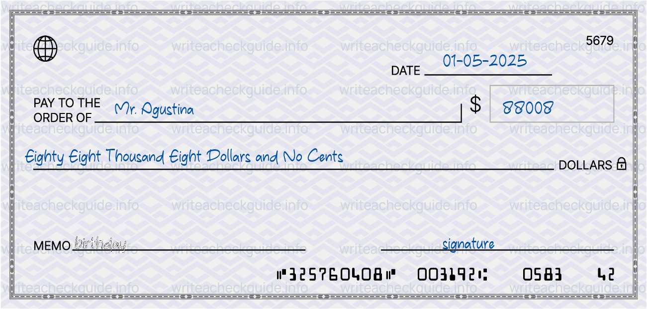 Filled check for 88008 dollars payable to Mr. Agustina on 01-05-2025