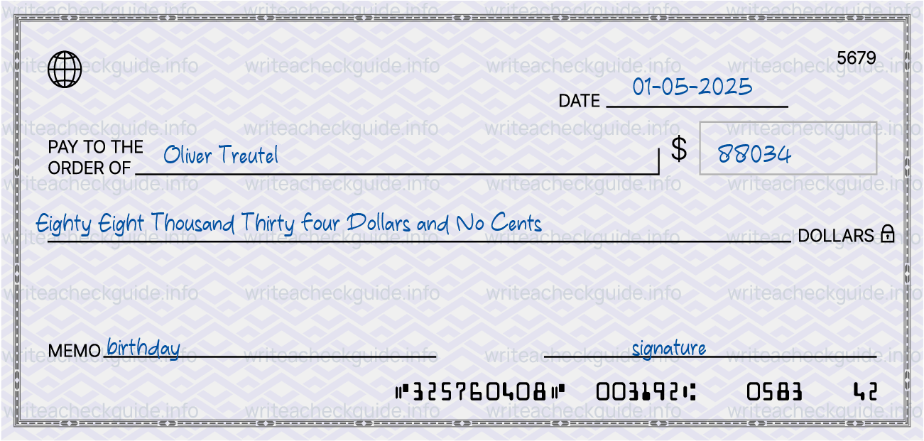 Filled check for 88034 dollars payable to Oliver Treutel on 01-05-2025