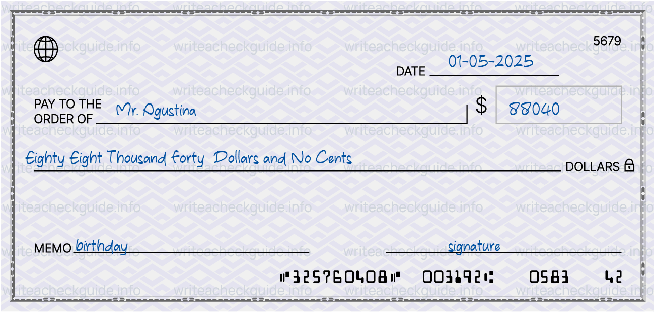 Filled check for 88040 dollars payable to Mr. Agustina on 01-05-2025