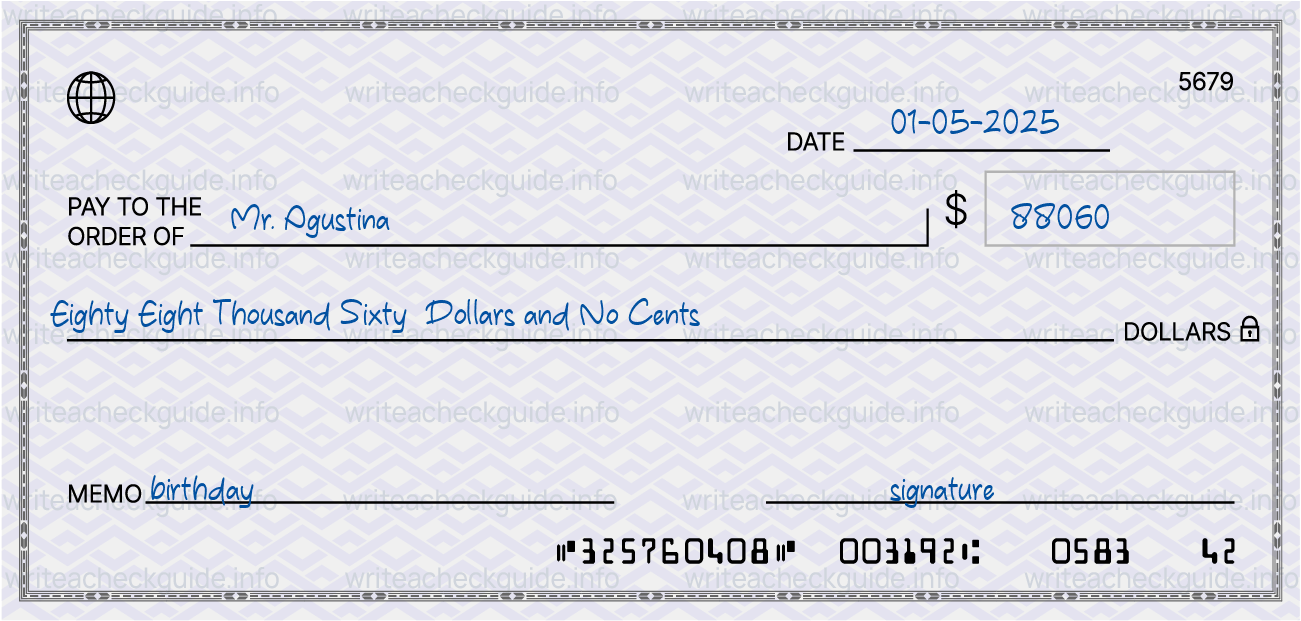 Filled check for 88060 dollars payable to Mr. Agustina on 01-05-2025